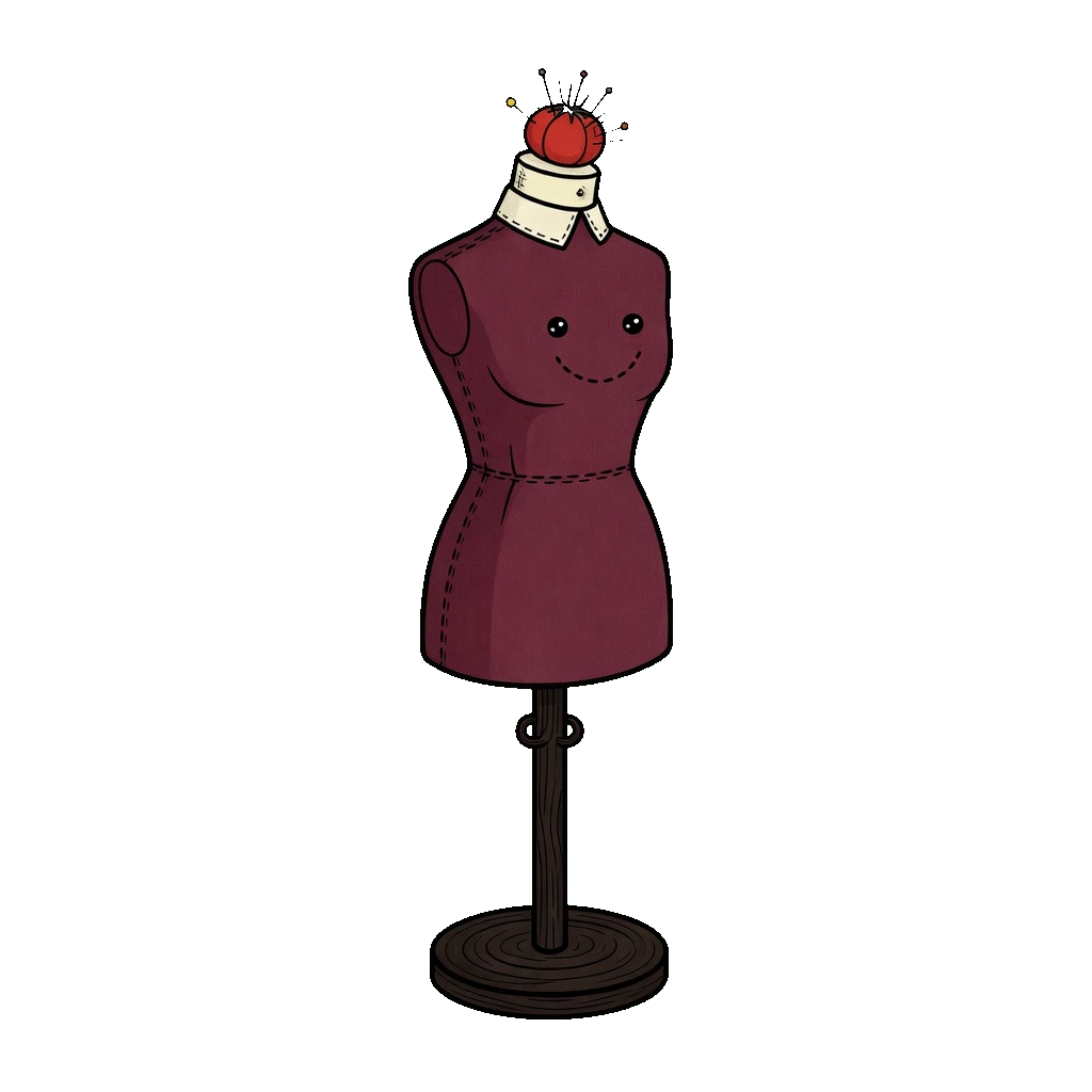A wine dress form with an ivory neck cap on a wood stand.